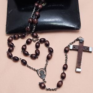 Vintage Olive Wood Rosary Beads w/ Leather Case